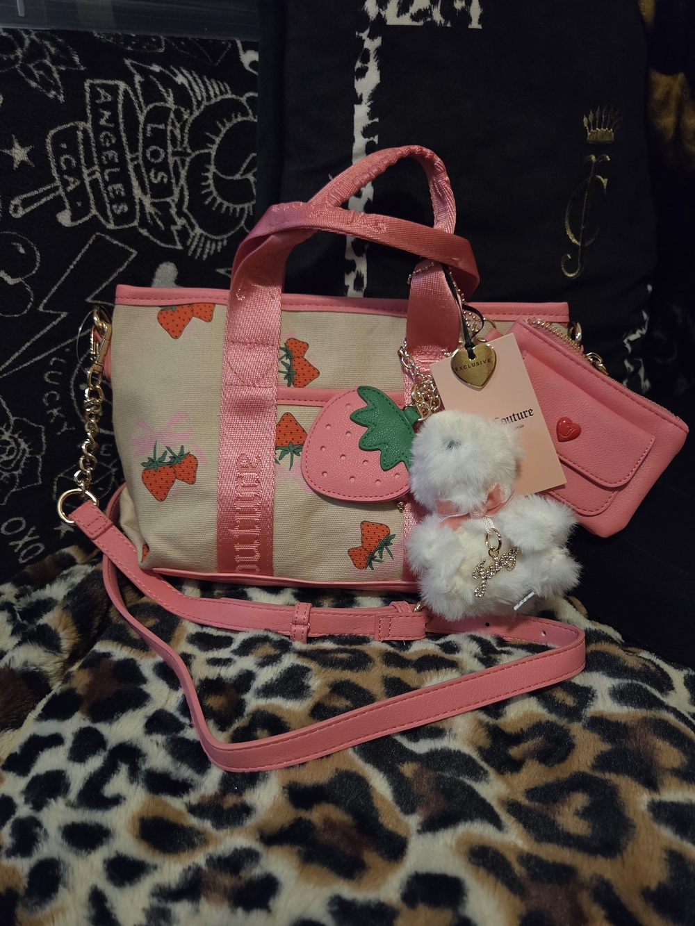 Juicy Couture Pink and Cream Strawberry Print Canvas Tote with Pom Charm